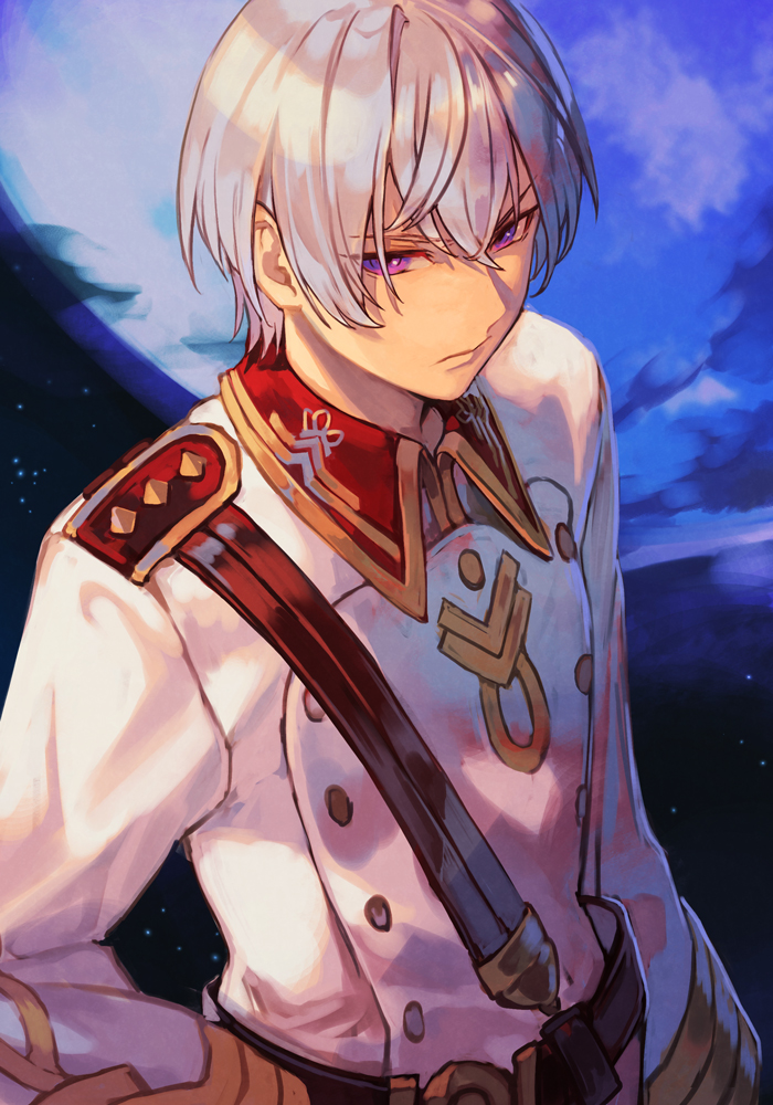 1boy bangs belt brown_belt epaulettes full_moon glaring gold_trim hand_on_hip hankuri insignia jacket kakumeiki_valvrave l-elf looking_at_viewer military military_uniform moon night night_sky outdoors sky uniform upper_body violet_eyes white_hair white_jacket