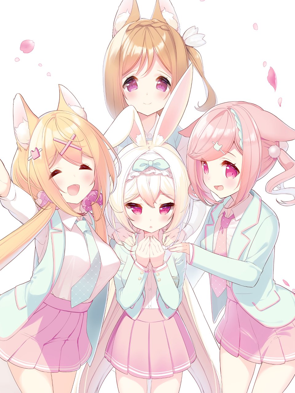 4girls ^_^ amamiya_aki amamiya_mei animal_ear_fluff animal_ears blazer blonde_hair braid breasts cherry_blossoms closed_eyes cynthia_riddle fox_ears fox_girl hair_ornament hair_scrunchie hairclip hands_on_another's_shoulders highres jacket light_brown_hair long_hair low_twintails medium_breasts medium_hair milia_leclerc mofu-mofu_after_school mofumofu_channel multiple_girls necktie one_side_up open_mouth p19 petals pink_eyes pink_hair pink_skirt pleated_skirt rabbit_ears rabbit_girl school_uniform scrunchie shirt simple_background skirt smile twintails vest violet_eyes white_background white_hair white_shirt x_hair_ornament