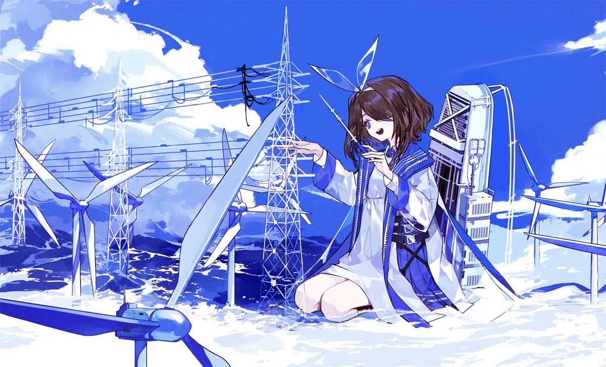 1girl :d above_clouds bangs baton_(conducting) blue_eyes blue_sky blue_theme bow brown_hair building clouds commentary conductor day dress flood giant giantess hair_bow hair_over_one_eye hairband hands_up head_tilt holding jacket long_sleeves looking_away mo_(mocopo) musical_note ocean on_ground one_eye_covered open_mouth original outdoors power_lines see-through see-through_sleeves seiza shallow_water short_dress short_hair sitting sky smile solo staff_(music) surreal symbol-only_commentary transparent_bow unzipped utility_pole water white_dress white_jacket wind_turbine