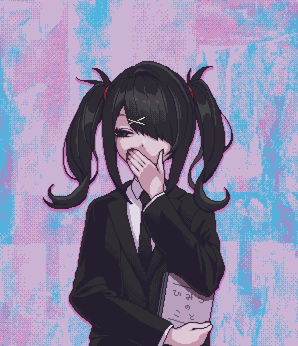 1girl ame-chan_(needy_girl_overdose) black_eyes black_hair black_jacket collared_shirt covered_mouth covering_mouth eencya formal hair_ornament hand_over_own_mouth jacket long_sleeves looking_to_the_side necktie needy_girl_overdose official_art pixel_art shirt solo standing suit twintails upper_body