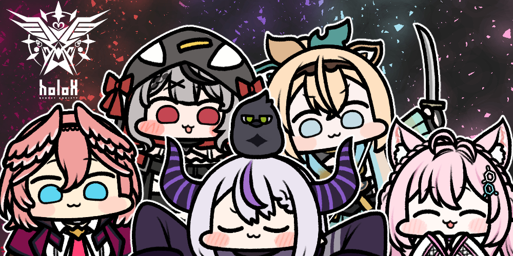 5girls :3 animal_ears animal_hood animal_on_head bird bird_on_head blonde_hair blue_eyes blush_stickers bow braid chibi closed_eyes closed_mouth copyright_name crow crow_(la+_darknesss) crown_braid green_eyes grey_hair hair_ornament hair_wings hakui_koyori hexagon_hair_ornament holding holding_weapon hololive holox hood jazz_jack katana kazama_iroha la+_darknesss multicolored_hair multiple_girls on_head open_mouth orca_hood pink_hair red_bow red_eyes sakamata_chloe sleeves_past_fingers sleeves_past_wrists striped_horns sword takane_lui virtual_youtuber weapon