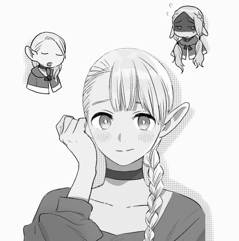 1girl bad_id bad_twitter_id blush braid chibi dungeon_meshi ears_down elf frs2 greyscale hood hood_down marcille monochrome pointy_ears smile sweat