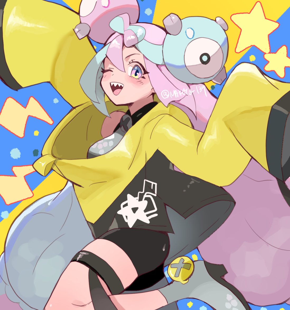 1girl bow-shaped_hair character_hair_ornament grey_pantyhose hair_ornament hexagon_print iono_(pokemon) jacket long_hair low-tied_long_hair makoto_139 multicolored_hair oversized_clothes pantyhose pokemon pokemon_(game) pokemon_sv sharp_teeth single_leg_pantyhose sleeves_past_fingers sleeves_past_wrists solo split-color_hair teeth twintails very_long_sleeves x yellow_jacket