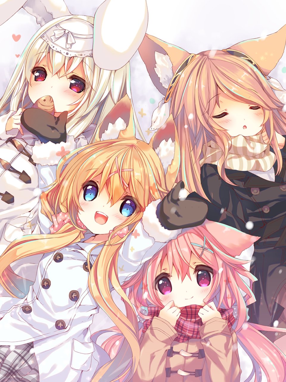 4girls :d amamiya_aki amamiya_mei animal_ear_fluff animal_ears arms_up bangs black_coat black_mittens blonde_hair blue_eyes blush brown_coat brown_hair closed_eyes closed_mouth coat commentary_request cynthia_riddle food fur-trimmed_sleeves fur_trim grey_skirt hair_between_eyes hair_ornament hairclip heart highres holding holding_food long_sleeves lying milia_leclerc mittens mofu-mofu_after_school mofumofu_channel multiple_girls on_back outstretched_arms p19 pink_hair plaid plaid_scarf plaid_skirt rabbit_ears red_scarf scarf skirt smile snow taiyaki violet_eyes wagashi white_coat x_hair_ornament