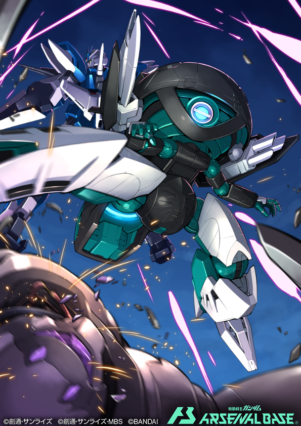 back-to-back blue_eyes earthree_gundam eldora_brute flying from_below gundam gundam_arsenal_base gundam_build_divers gundam_build_divers_re:rise ishiyumi kicking laser mecha mobile_suit no_humans official_art one-eyed open_hands robot science_fiction shield sky v-fin wodom_pod