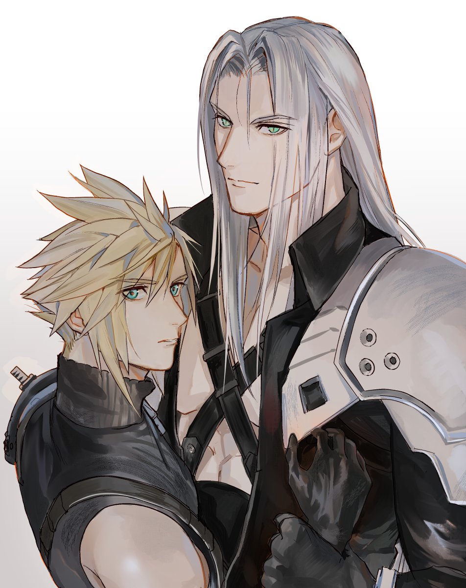 2boys abs aqua_eyes armor bangs black_jacket blonde_hair chest_strap cloud_strife final_fantasy final_fantasy_vii final_fantasy_vii_remake grey_hair hair_between_eyes highres holding_another's_wrist jacket jjn_ff7 long_bangs long_hair long_sleeves looking_at_viewer male_focus multiple_boys parted_bangs sephiroth short_hair shoulder_armor single_bare_shoulder sleeveless sleeveless_turtleneck slit_pupils spiky_hair suspenders toned toned_male turtleneck upper_body white_background
