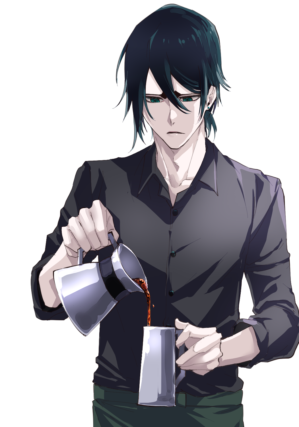 1boy belt black_hair bleach closed_mouth collarbone collared_shirt cup dress_shirt green_eyes hair_between_eyes highres hishui_prpr holding holding_cup pouring shirt simple_background ulquiorra_cifer white_background