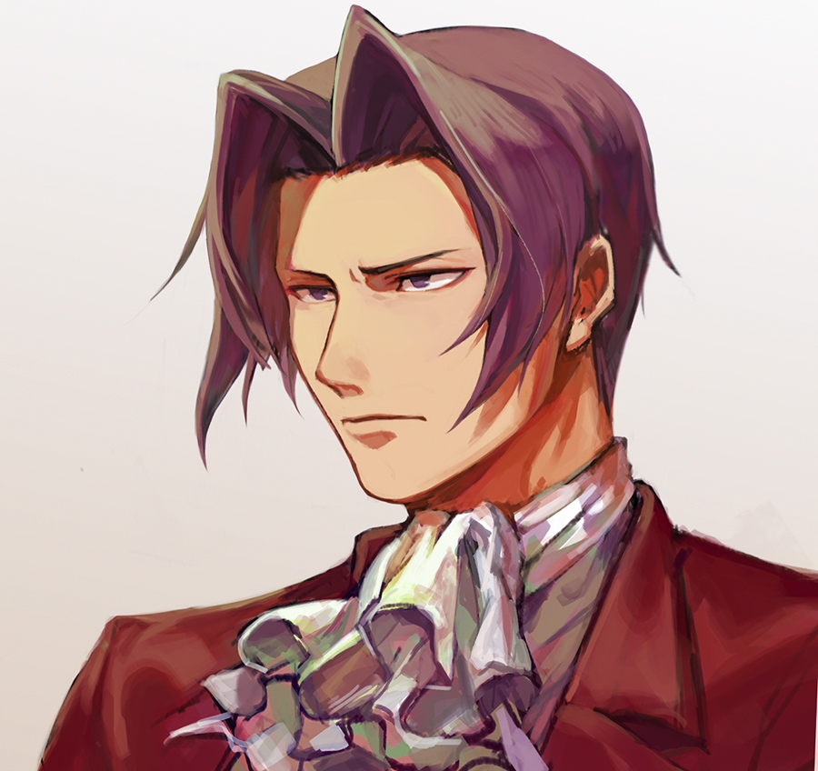 1boy ace_attorney ascot baiaidi closed_mouth formal grey_hair hair_intakes jacket looking_ahead looking_to_the_side miles_edgeworth red_jacket red_suit serious simple_background solo suit upper_body violet_eyes white_ascot white_background