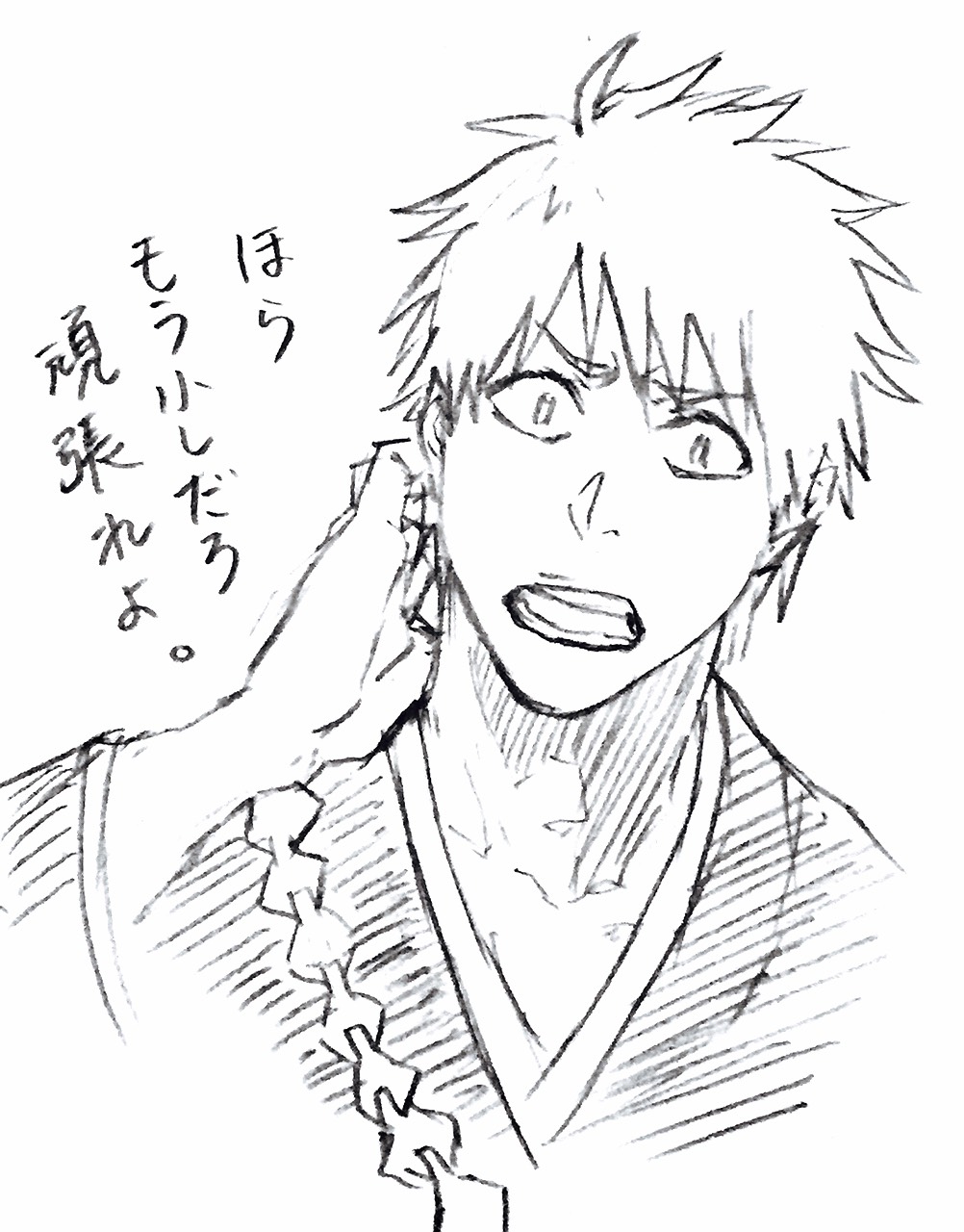 1boy bleach hand_on_own_neck highres kurosaki_ichigo long_sleeves looking_at_viewer male_focus open_mouth short_hair sketch solo spiky_hair teeth ten0u0 translation_request upper_body