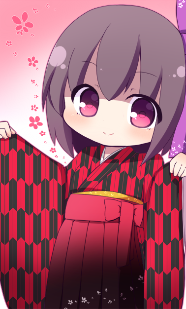 1girl bangs brown_hair closed_mouth commentary_request floral_background gradient gradient_background hair_between_eyes hakama hakama_skirt japanese_clothes kimono long_sleeves looking_at_viewer original pinching_sleeves print_kimono red_background red_eyes red_hakama rensei skirt sleeves_past_wrists smile solo white_background wide_sleeves yagasuri