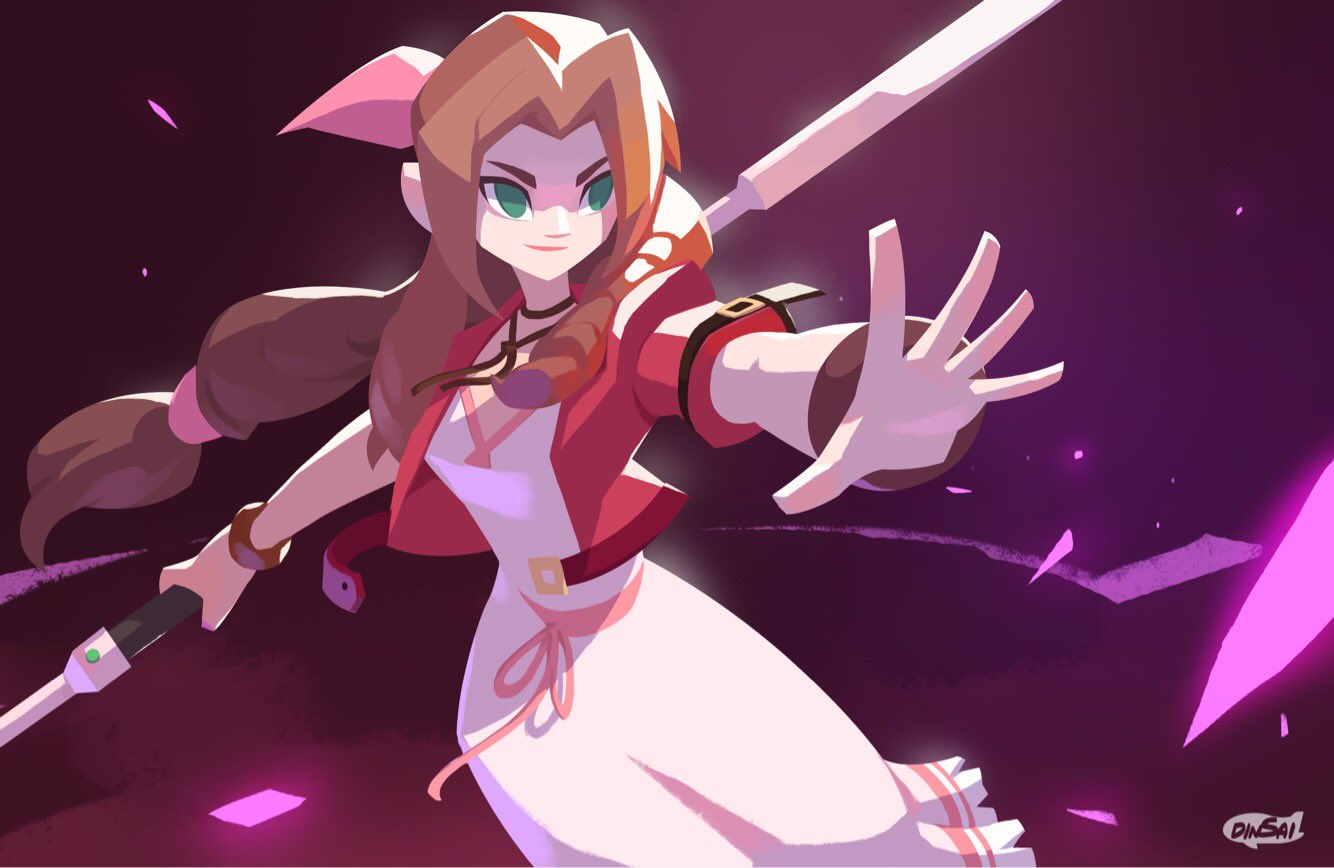 1girl aerith_gainsborough artist_name bangle bangs bracelet braid braided_ponytail breasts brown_hair choker cowboy_shot cropped_jacket dinsai_studio dress fighting_stance final_fantasy final_fantasy_vii final_fantasy_vii_remake flower_choker hair_ribbon holding holding_staff jacket jewelry long_dress long_hair looking_to_the_side materia medium_breasts outstretched_hand parted_bangs pink_dress pink_ribbon red_jacket ribbon short_sleeves sidelocks smile solo staff