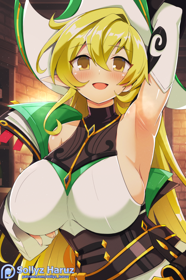 1girl armpits artist_name blush breasts elbow_gloves elf elsword gloves green_eyes green_hair hair_between_eyes hat large_breasts long_hair looking_at_viewer open_mouth pointy_ears prophetess_(elsword) rena_erindel sideboob sleeveless smile sollyz solo