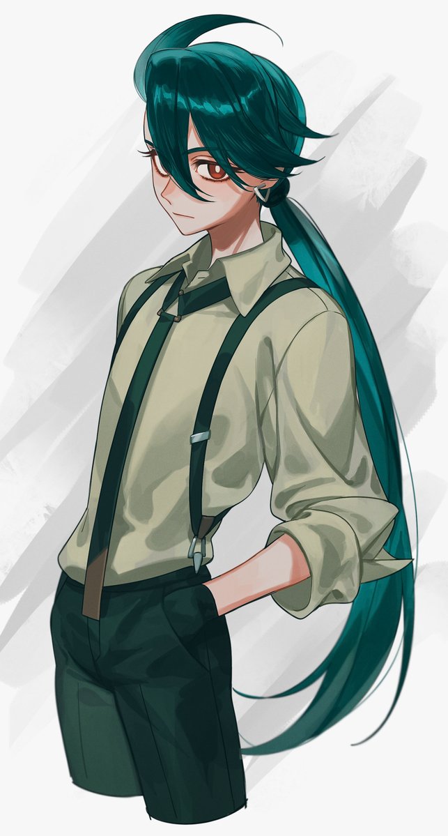 1girl ahoge androgynous aqua_hair bangs black_gloves black_necktie black_pants bright_pupils collared_shirt commentary cowboy_shot cropped_legs expressionless from_side gloves grey_background grey_shirt hair_between_eyes hand_in_pocket itou_(very_ito) long_hair looking_at_viewer low_ponytail necktie pants pokemon pokemon_(game) pokemon_sv red_eyes reverse_trap rika_(pokemon) shirt simple_background solo standing swept_bangs two-tone_background white_background white_pupils