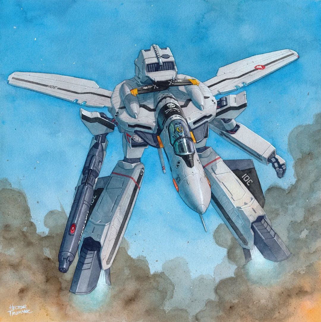 artist_name canopy_(aircraft) clenched_hand commentary english_commentary gerwalk gun gunpod hector_trunnec helmet holding holding_gun holding_weapon macross macross_zero mecha painting_(medium) robot sky smoke solo traditional_media variable_fighter vf-0s watercolor_(medium) weapon