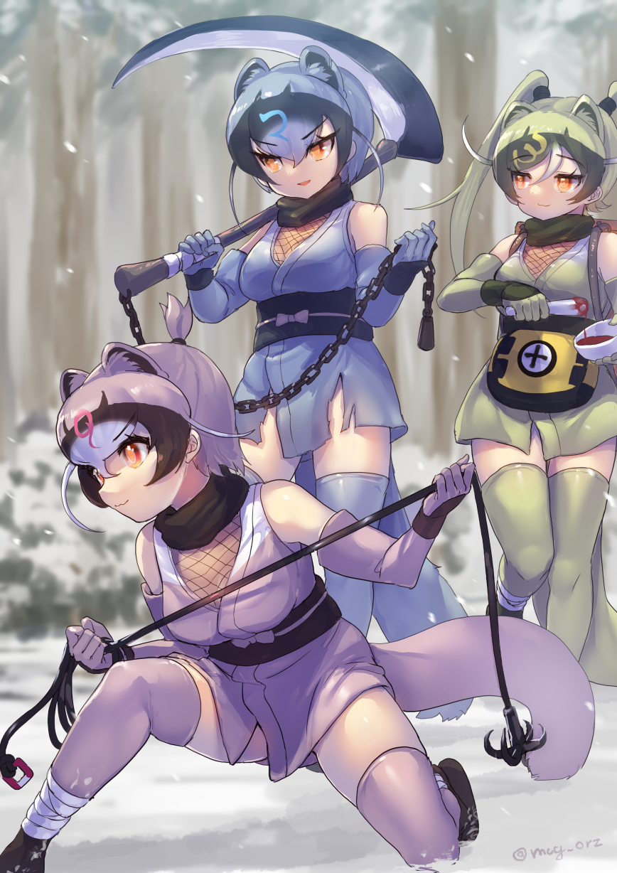 3girls :3 animal_ear_fluff animal_ears bangs bare_shoulders black_hair blue_thighhighs breasts chain commentary_request day elbow_gloves extra_ears forest gloves grappling_hook green_hair green_thighhighs grey_hair grey_thighhighs hair_between_eyes highres japanese_clothes kamaichi_(kemono_friends) kamaji_(kemono_friends) kamamitsu_(kemono_friends) kemono_friends kimono kusarigama long_hair looking_away medium_breasts multicolored_hair multiple_girls nature one_knee orange_eyes outdoors over_shoulder short_hair sickle sleeveless smile snow snowing standing tadano_magu tail thigh-highs twintails two-tone_hair weapon weapon_over_shoulder