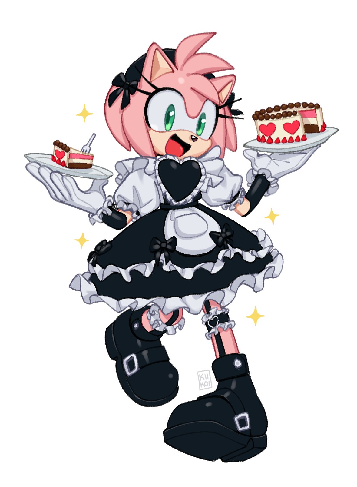 1girl amy_rose animal_nose cake dress food furry furry_female gloves gothic green_eyes hairband hedgehog_girl highres kiikoi11 looking_at_viewer maid open_mouth pink_fur pink_hair red_hairband short_hair simple_background smile solo sonic_(series) white_gloves