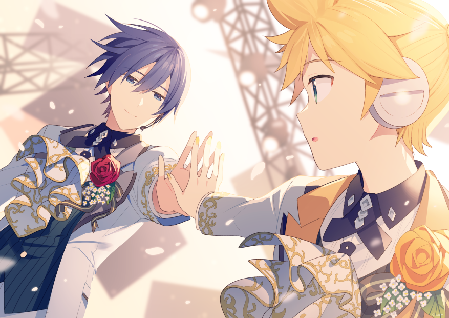 2boys aqua_eyes blonde_hair blue_eyes blue_hair finger_touching flower formal headset kagamine_len kaito_(vocaloid) male_focus multiple_boys open_mouth pants red_flower red_rose rose short_hair short_ponytail sinaooo smile suit vocaloid yellow_flower yellow_nails yellow_rose