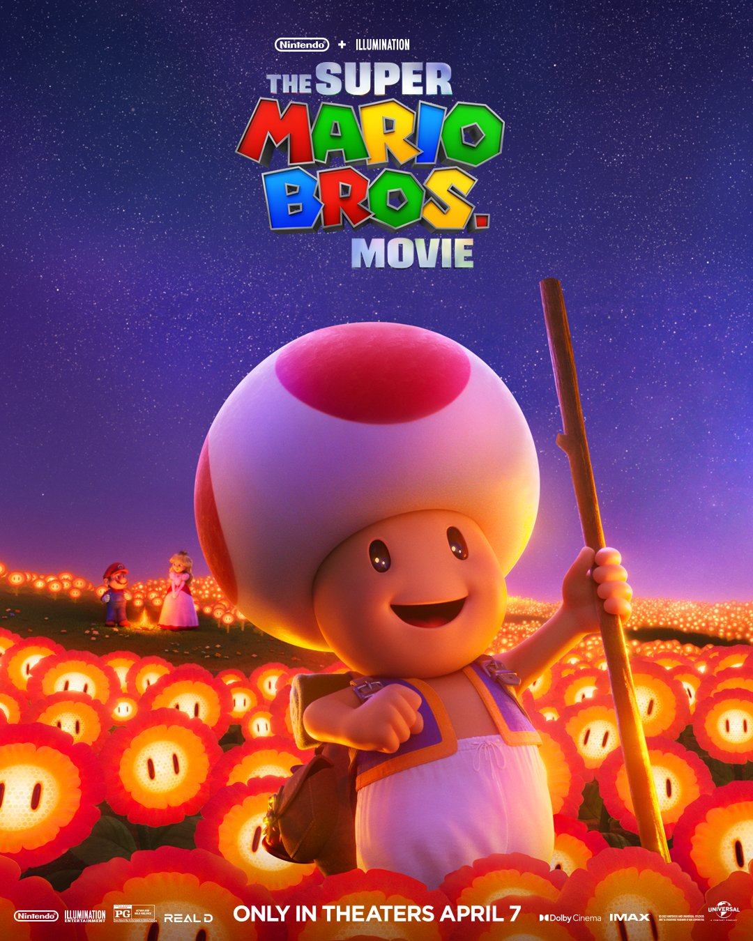 1girl 2boys 3d black_eyes blonde_hair blue_overalls campfire cane clenched_hand dress english_commentary fire_flower hat highres key_visual long_hair looking_up mario multiple_boys night night_sky official_art open_mouth overalls pants pink_dress princess_peach promotional_art purple_vest red_headwear sky smile solo_focus super_mario_bros. the_super_mario_bros._movie toad_(mario) vest white_pants
