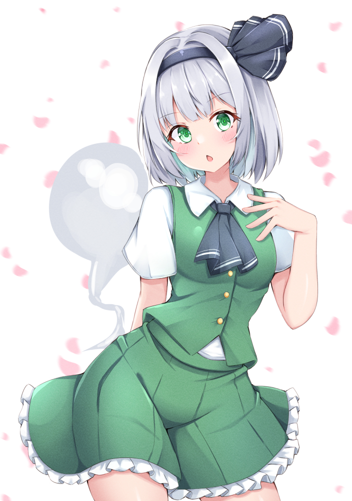 1girl ascot black_hairband black_ribbon blush bob_cut breasts buttons cherry_blossoms chestnut_mouth collared_shirt commentary_request contrapposto cowboy_shot falling_petals frilled_skirt frills green_eyes green_skirt green_vest grey_hair hair_ribbon hairband hand_on_own_chest konpaku_youmu konpaku_youmu_(ghost) looking_at_viewer petals pleated_skirt puffy_short_sleeves puffy_sleeves ribbon rururiaru shirt short_hair short_sleeves simple_background skirt skirt_set small_breasts solo touhou vest white_background white_shirt