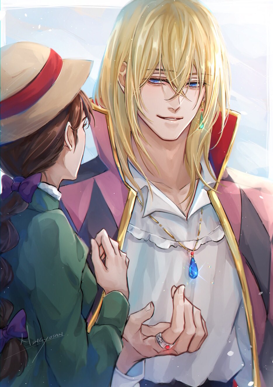 1boy 1girl artist_name bangs bishounen blonde_hair blue_eyes bow braid breasts brown_hair coat coat_on_shoulders collared_shirt crossed_bangs dress earrings frilled_shirt frills green_dress hair_between_eyes hair_bow hand_on_own_chest hat hat_ribbon high_collar highres howl_(howl_no_ugoku_shiro) howl_no_ugoku_shiro jewelry long_hair long_sleeves looking_at_another medium_breasts medium_hair necklace ningyo parted_lips purple_bow red_coat ribbon ring shirt single_braid smile sophie_(howl_no_ugoku_shiro) sparkle upper_body white_shirt