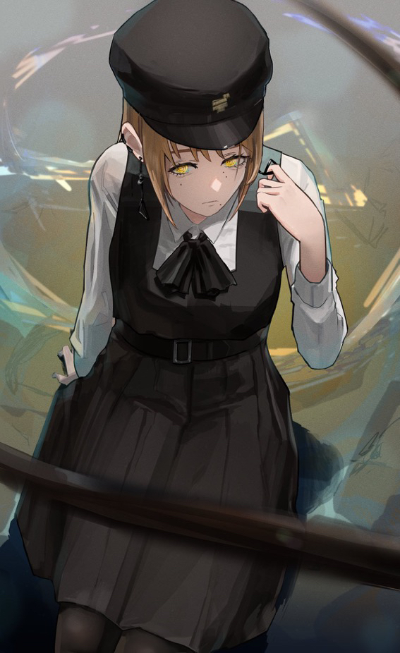 1girl black_dress black_ribbon blonde_hair chainsaw_man collared_shirt dress earrings from_above hat jewelry looking_at_viewer military_hat mole pinafore_dress ribbon ringed_eyes shirt short_hair sitting solo white_shirt yellow_eyes yoru's_sister_(chainsaw_man) yu_ni_taro