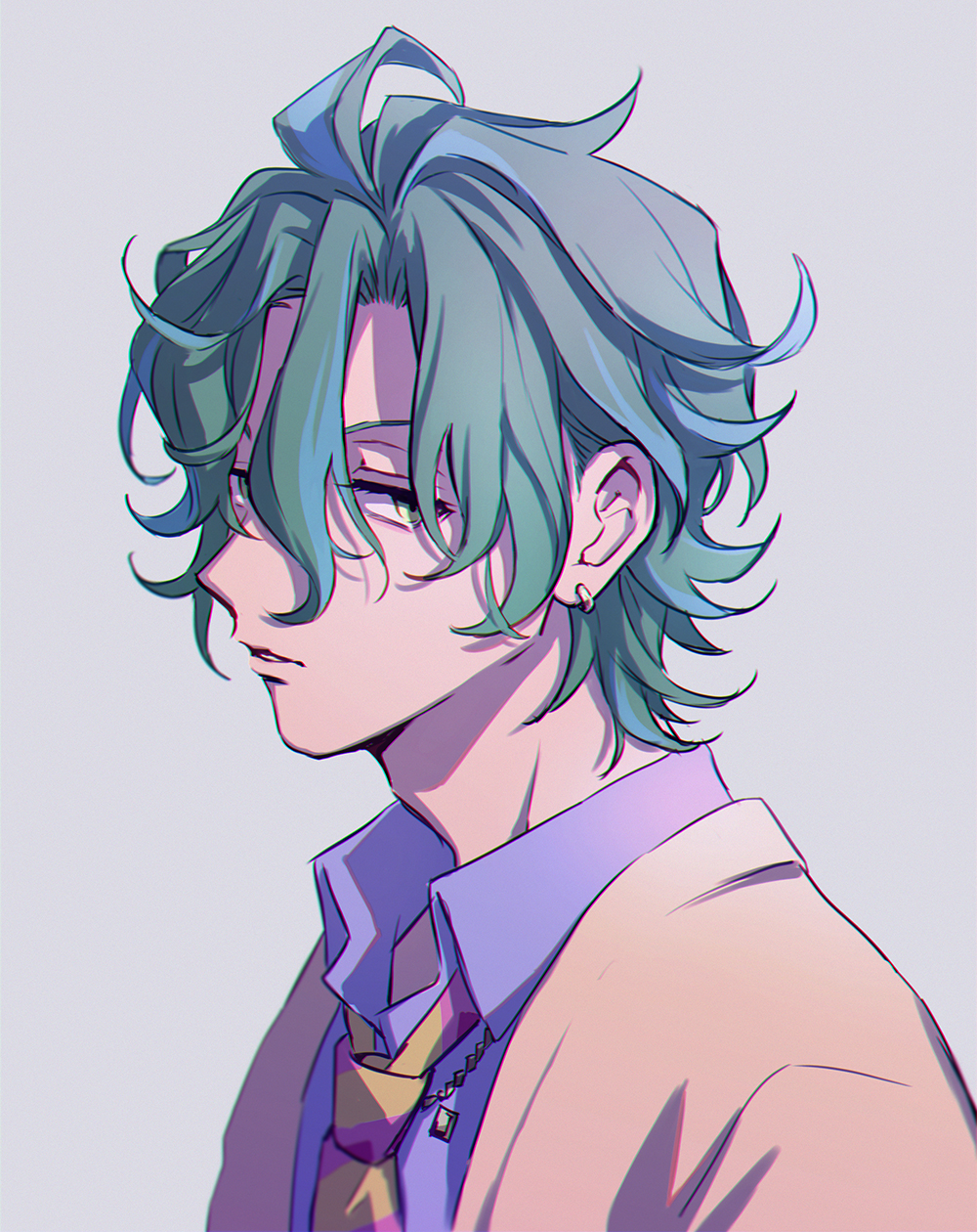 1boy adam's_apple blue_hair blue_shirt collared_shirt earrings from_argonavis from_side green_eyes green_hair grey_background hair_between_eyes hair_down highres himishiro jewelry looking_at_viewer male_focus messy_hair multicolored_hair necklace necktie nijou_kanata parted_lips portrait shirt sideways_glance simple_background solo streaked_hair striped_necktie sweater