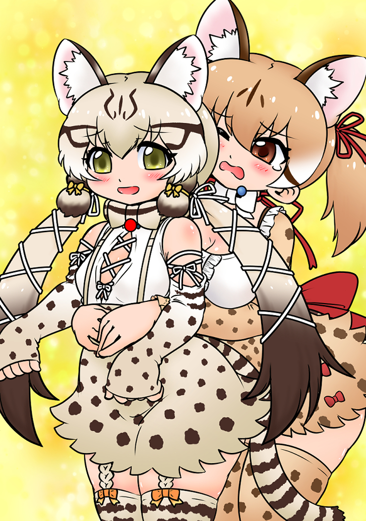 2girls animal_costume animal_ear_fluff animal_ears bow bowtie brown_eyes brown_hair cat_ears cat_girl cat_tail edamamezooooo extra_ears geoffroy's_cat_(kemono_friends) green_eyes grey_hair kemono_friends kemono_friends_v_project kneehighs large-spotted_genet_(kemono_friends) long_hair microphone multicolored_hair multiple_girls open_mouth ribbon shirt simple_background skirt socks suspenders tail twintails virtual_youtuber
