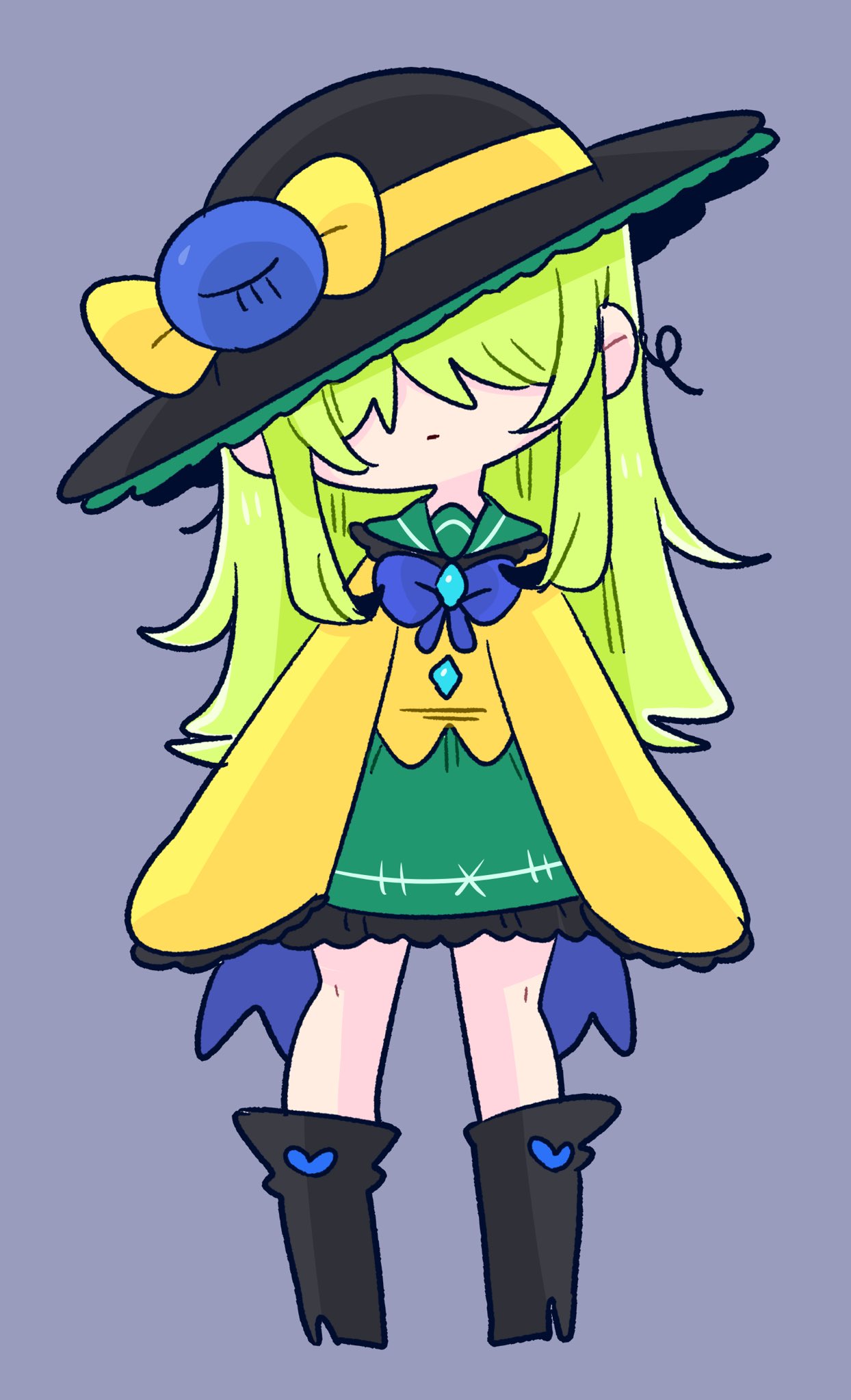 1girl bangs black_footwear black_headwear blouse boots bow buttons covered_eyes diamond_button eyeball frilled_shirt_collar frilled_skirt frilled_sleeves frills green_hair green_skirt grey_background hat hat_bow highres komeiji_koishi light_green_hair long_hair long_sleeves op_na_yarou shirt simple_background skirt solo third_eye touhou wide_sleeves yellow_bow yellow_shirt