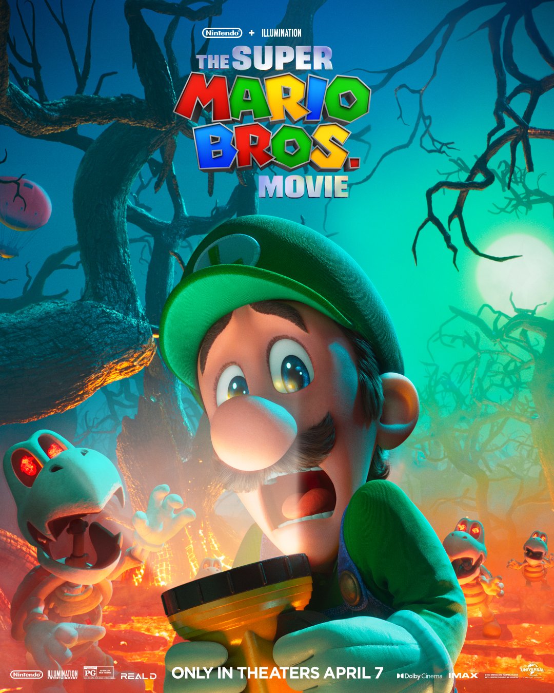 1boy 3d bare_tree blue_eyes blue_overalls brown_hair copyright_name dry_bones english_commentary gloves green_headwear green_shirt hair_behind_ear hat highres key_visual luigi male_focus molten_rock official_art open_mouth overalls promotional_art scared shirt solo_focus super_mario_bros. the_super_mario_bros._movie tongue tree white_gloves