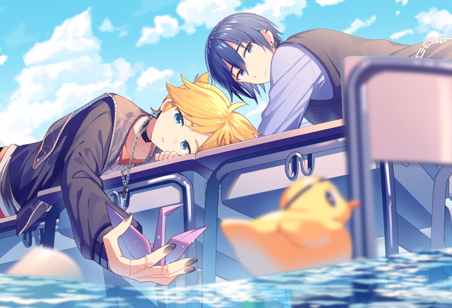 black_vest blonde_hair blue_eyes blue_hair blue_shirt chain_necklace chair clouds cloudy_sky desk flood frown jewelry kagamine_len kaito_(vocaloid) necklace open origami paper_crane rubber_duck school_chair school_desk shirt sinaooo sky vest vocaloid