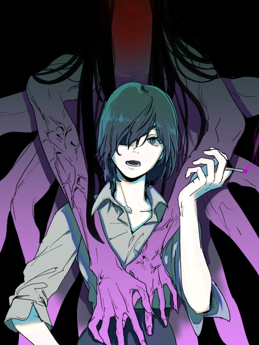 1girl 1other bithmath black_background black_hair blue_eyes chainsaw_man cigarette collared_shirt dark dark_background extra_hands eyepatch ghost_devil_(chainsaw_man) grey_shirt highres himeno_(chainsaw_man) holding holding_cigarette long_hair looking_at_viewer open_mouth shirt shirt_tucked_in short_hair simple_background solo_focus veins veiny_arms