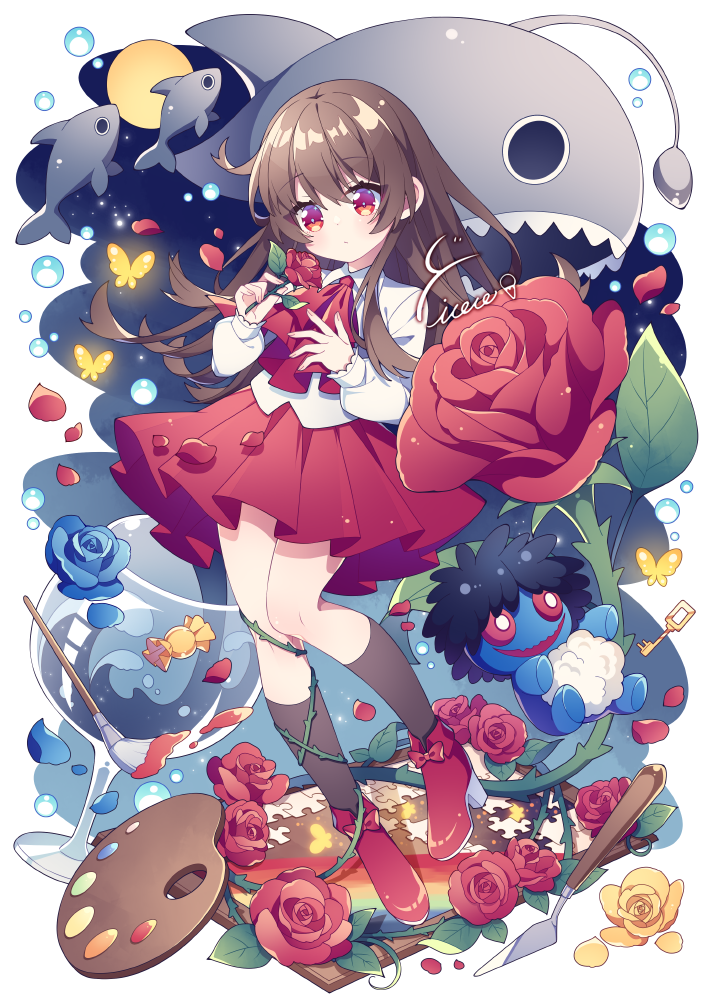 1girl anglerfish ascot bangs blush bow brown_hair bubble bug butterfly collared_shirt cup doll doll_(ib) drinking_glass expressionless fish flower footwear_bow high_heels holding holding_flower hyou_(pixiv3677917) ib ib_(ib) jigsaw_puzzle kneehighs long_hair long_sleeves paint paintbrush palette_(object) petals plant pleated_skirt puzzle red_eyes rose rose_petals shirt skirt socks solo stuffing very_long_hair vines wine_glass wrapped_candy