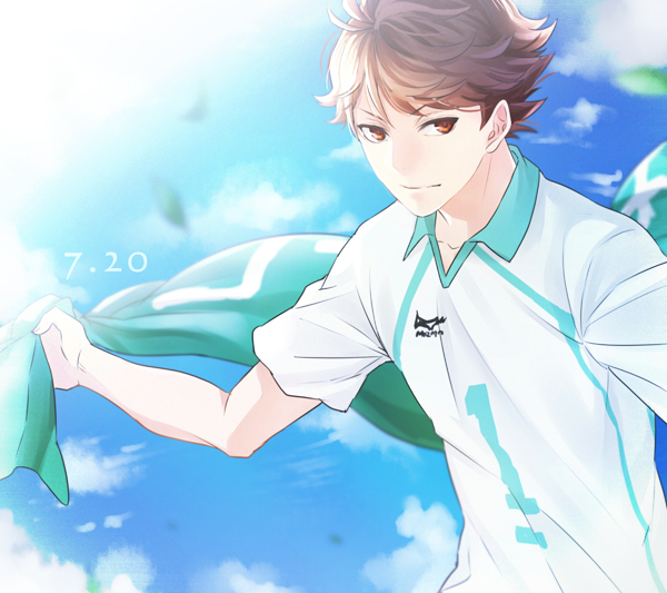 1boy blue_sky brown_eyes dated haikyuu!! holding holding_clothes holding_jacket jacket jersey kanameyura looking_at_viewer male_focus oikawa_tooru_(haikyuu!!) open_mouth shirt short_hair short_sleeves sky solo sportswear upper_body volleyball_uniform white_shirt