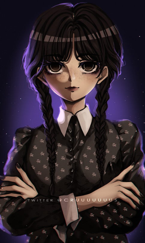1girl addams_family bangs black_dress black_hair braid brown_hair collared_dress criis-chan dress freckles gradient gradient_background long_hair long_sleeves looking_at_viewer nail_polish purple_background shiny shiny_hair smile solo twin_braids twintails upper_body wednesday_(netflix) wednesday_addams