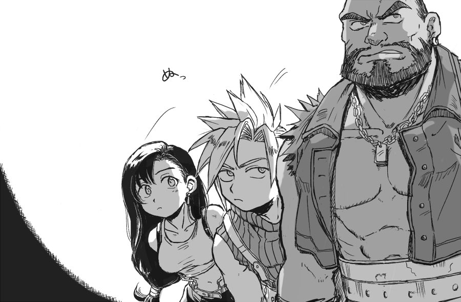 1girl 2boys als8za bangs bare_shoulders barret_wallace beard belt black_hair black_skirt breasts clenched_teeth cloud_strife crop_top dark-skinned_male dark_skin dog_tags earrings facial_hair final_fantasy final_fantasy_vii greyscale jewelry leaning_forward long_hair looking_to_the_side low-tied_long_hair midriff monochrome multiple_boys muscular muscular_male navel open_clothes open_vest scar scar_on_cheek scar_on_face shirt short_hair skirt sleeveless sleeveless_turtleneck spiky_hair suspenders teeth tifa_lockhart torn_clothes torn_sleeves turtleneck upper_body very_short_hair vest white_shirt