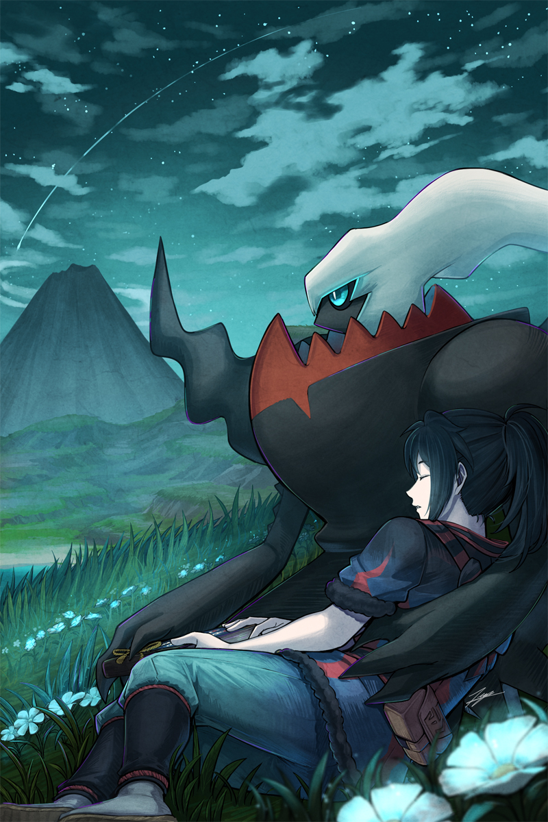 1girl akari_(pokemon) bangs black_hair blue_eyes blue_jacket blue_pants brown_footwear closed_eyes clouds commentary_request darkrai flower from_side fur-trimmed_sleeves fur_trim grass grey_socks highres jacket long_hair lying mountain night night_sky on_grass on_ground on_side outdoors pants pokemon pokemon_(creature) pokemon_(game) pokemon_legends:_arceus ponytail pouch sandals shooting_star short_sleeves sidelocks signature sitting sky sleeping socks star_(sky) starry_sky tenyo0819 white_flower white_hair