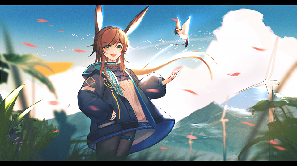 1girl :d amiya_(arknights) animal animal_ears arknights ascot bird black_jacket black_pantyhose blue_ascot blue_collar blue_eyes blue_sky brown_hair clouds cloudy_sky collar cowboy_shot day hand_in_pocket jacket jewelry leaf letterboxed long_hair looking_at_viewer mountain neck_ring oldercat open_clothes open_hand open_jacket open_mouth outdoors pantyhose rabbit rabbit_ears rabbit_girl shirt sidelocks sky smile solo teeth thigh_ring upper_teeth very_long_hair white_shirt windmill