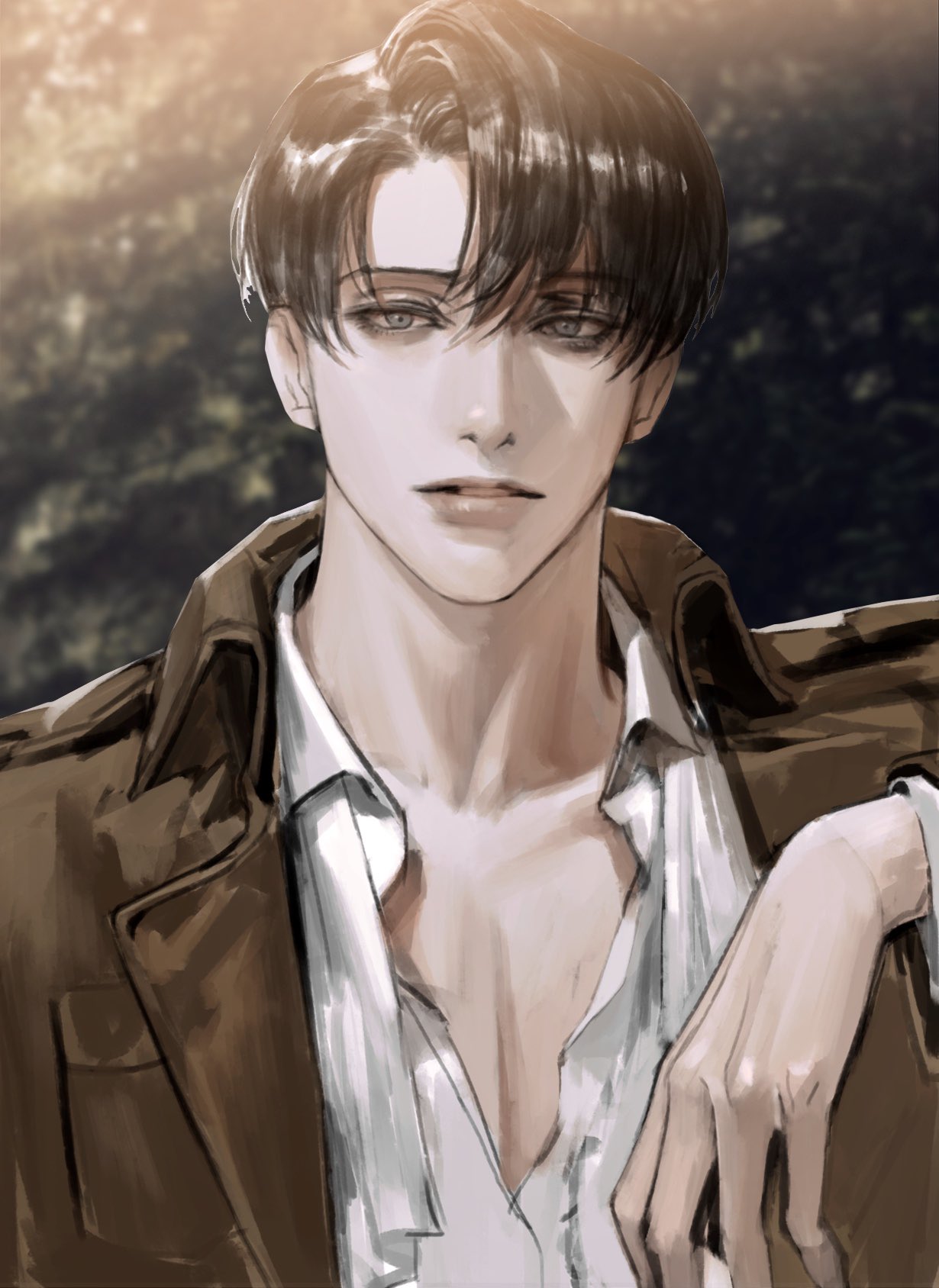 1boy bangs black_hair brown_jacket collarbone collared_shirt grey_eyes hair_between_eyes highres jacket levi_(shingeki_no_kyojin) long_sleeves looking_at_viewer male_focus open_collar parted_bangs parted_lips portrait shingeki_no_kyojin shirt short_hair solo upper_body vlfdus_0 white_shirt