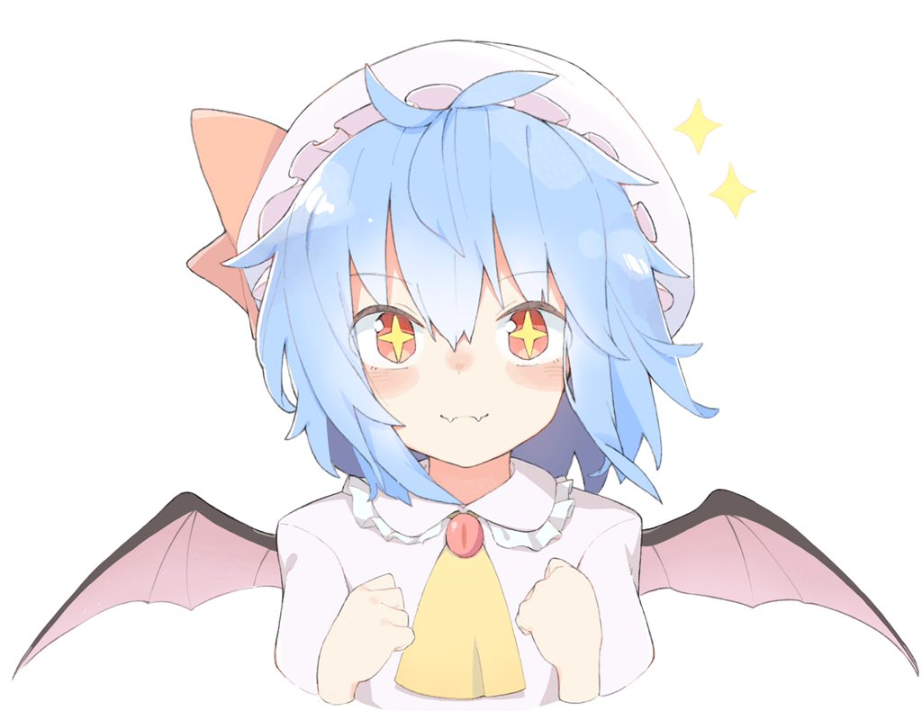 +_+ 1girl antenna_hair ascot bangs bat_wings blue_hair blush bow brooch cropped_torso dot_nose fangs flat_chest frilled_shirt_collar frills hair_between_eyes hands_up hat hat_bow jewelry kae_karee light_smile looking_at_viewer mob_cap nose_blush red_bow remilia_scarlet short_hair simple_background skin_fangs solo sparkle star-shaped_pupils star_(symbol) symbol-shaped_pupils touhou upper_body white_background white_headwear wings yellow_ascot