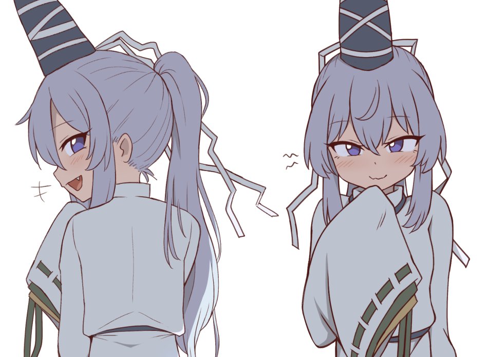 1girl :d black_headwear closed_mouth english_commentary fang grey_eyes grey_hair hat long_hair long_sleeves looking_at_viewer looking_back mononobe_no_futo multiple_views open_mouth ponytail ribbon-trimmed_sleeves ribbon_trim sidelocks simple_background sleeves_past_wrists smile tate_eboshi touhou upper_body white_background wool_(miwol)