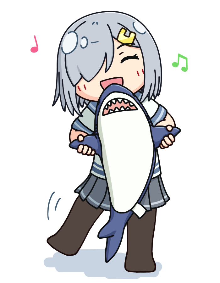 beamed_eighth_notes black_pantyhose closed_eyes commentary_request dancing grey_hair grey_sailor_collar grey_skirt hair_ornament hair_over_one_eye hairclip hama!_(3toshinhmkz) hamakaze_(kancolle) holding kantai_collection musical_note neckerchief no_nose pantyhose pleated_skirt quarter_note sailor_collar school_uniform serafuku short_hair simple_background skirt smile stuffed_animal stuffed_shark stuffed_toy white_background