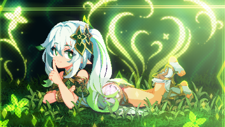 1girl aduare bare_shoulders bracelet closed_mouth commentary_request crossed_arms feet finger_to_mouth from_side genshin_impact grass green_eyes hair_ornament jewelry korean_commentary leaf long_hair looking_at_viewer lying mixed-language_commentary nahida_(genshin_impact) on_grass pixel_art side_ponytail smile solo stirrup_legwear thighs toeless_legwear toes white_hair