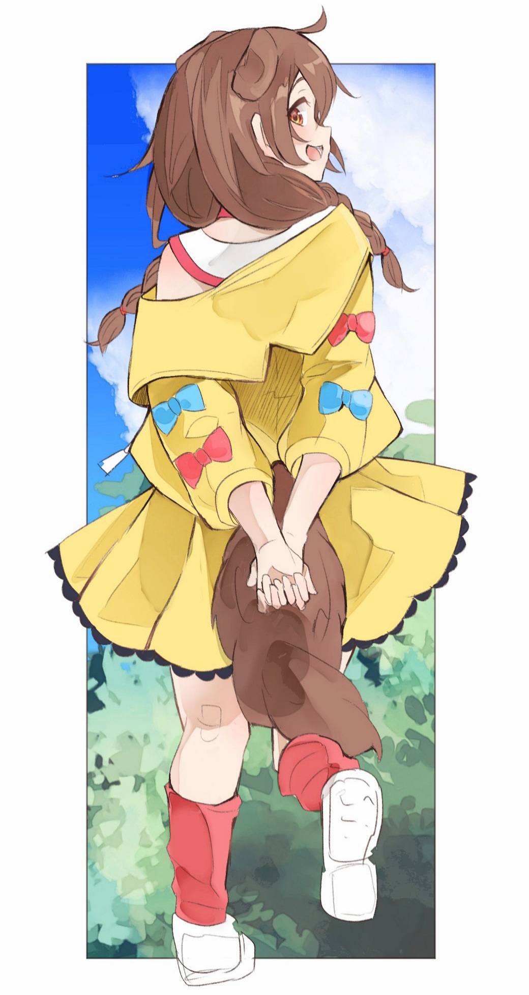 1girl :d animal_ears arms_behind_back blue_bow blue_sky bow braid brown_eyes brown_hair clouds cloudy_sky day dog_ears dog_girl dog_tail dress highres hololive inugami_korone jacket long_hair long_sleeves loose_socks off_shoulder open_clothes open_jacket own_hands_together puffy_long_sleeves puffy_sleeves red_bow red_socks shoe_soles sky sleeveless sleeveless_dress smile socks solo standing standing_on_one_leg tail techi_(siro-white_0803) twin_braids virtual_youtuber white_dress white_footwear yellow_jacket