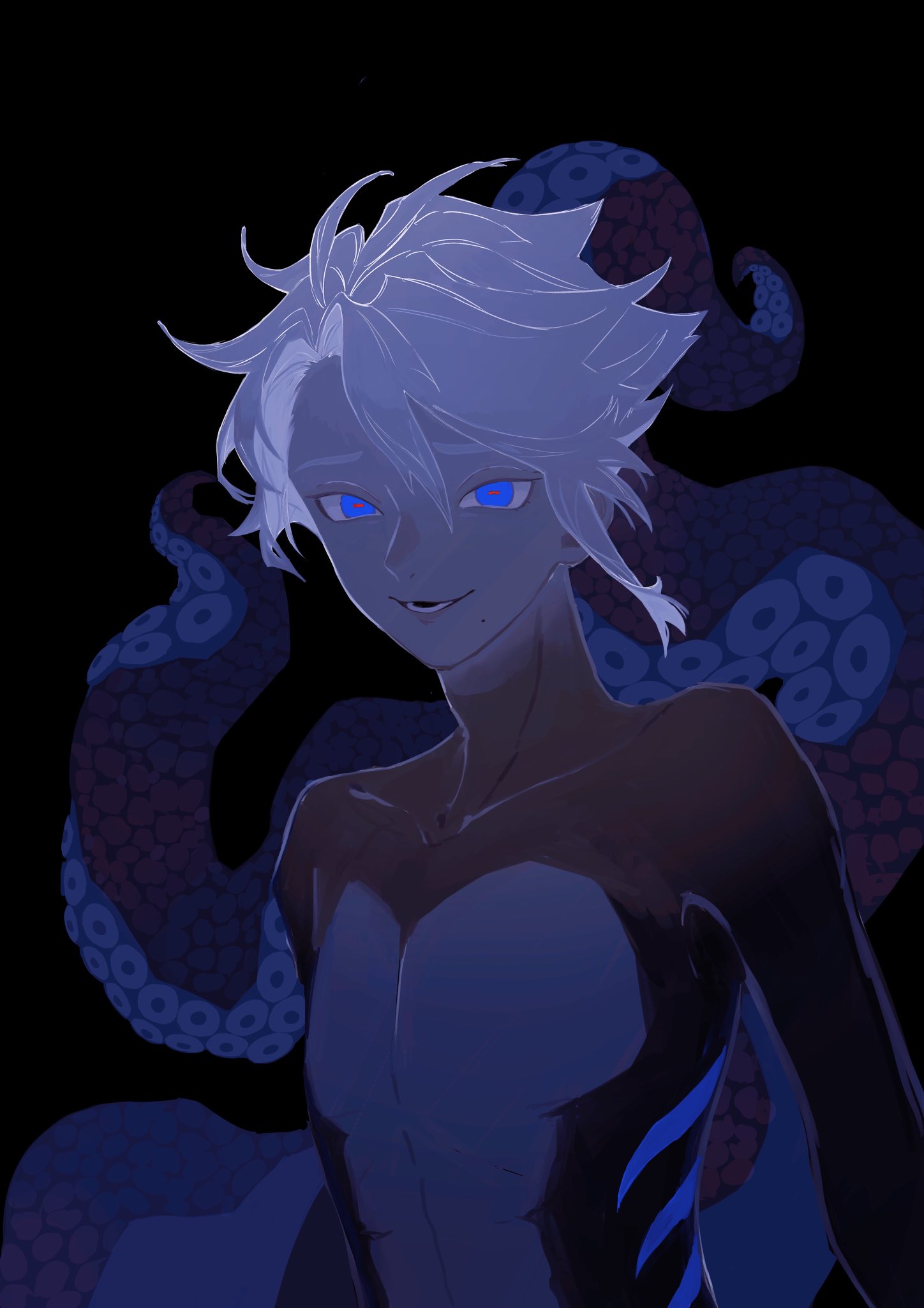 1boy azul_ashengrotto black_background black_skin blue_eyes blue_skin colored_skin grey_hair grey_skin hair_between_eyes highres horizontal_pupils looking_at_viewer male_focus mole mole_under_mouth monster_boy multicolored_skin nude octopus_boy open_mouth red_pupils short_hair simple_background solo suction_cups tentacles twisted_wonderland upper_body whale_52hz_o