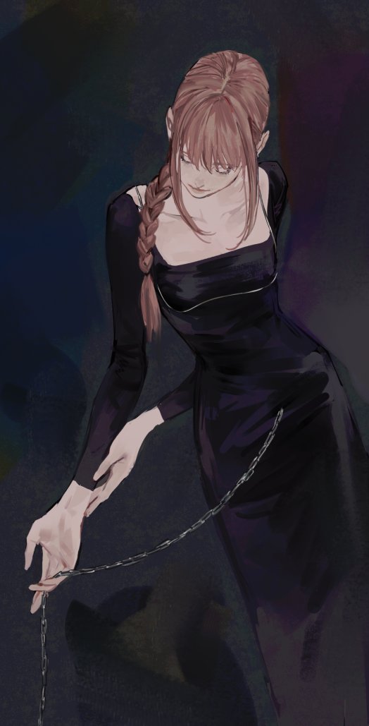 1girl black_dress braid braided_ponytail breasts chain chainsaw_man closed_eyes dark_background dress facing_down holding holding_chain huangdanlan leaning_to_the_side makima_(chainsaw_man) medium_breasts medium_hair redhead sidelocks simple_background solo