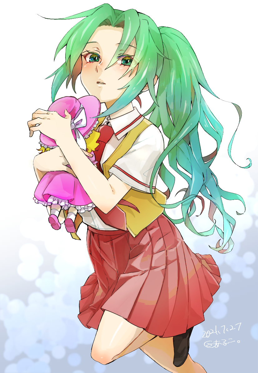 1girl 2021 bangs collared_shirt dated doll floating_hair green_eyes green_hair hair_between_eyes hair_intakes higurashi_no_naku_koro_ni holding holding_doll leg_up long_hair looking_at_viewer miniskirt necktie open_clothes open_mouth open_vest pink_skirt pleated_skirt ponytail red_necktie school_uniform shiny shiny_hair shirt short_sleeves skirt solo sonozaki_mion standing standing_on_one_leg tekuteku_aruko very_long_hair vest white_shirt wing_collar yellow_vest