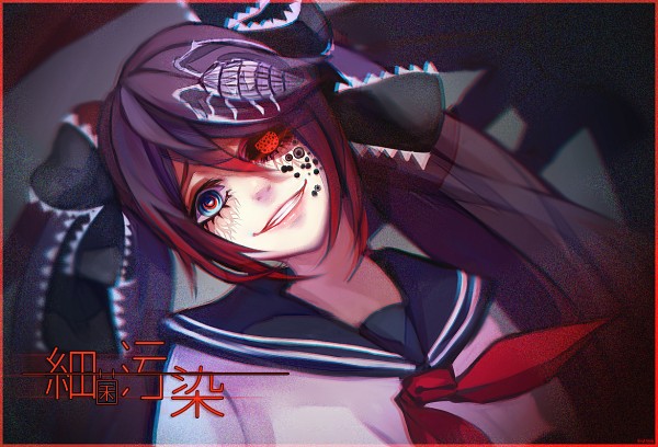 1girl artist_request bow ca_(maeda_koutarou) calne_ca chibi crustacean hair_bow hair_ribbon isopod jewelry long_hair looking_at_viewer nail_polish necklace non-web_source red_eyes redhead ribbon saikin_osen_-_bacterial_contamination_-_(vocaloid) school_uniform serafuku simple_background skirt skull_necklace solo twintails very_long_hair