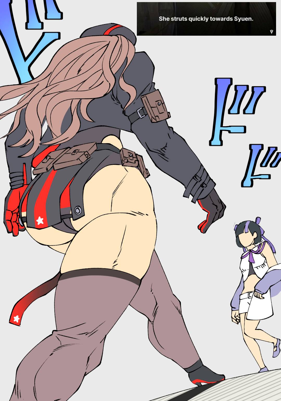 2girls ass belt belt_pouch beret black_hair black_jacket black_leotard black_thighhighs bob_cut brown_hair faceless faceless_female from_below gloves goddess_of_victory:_nikke hat high_heels highres hip_vent jacket jacket_partially_removed leotard long_hair meme menacing_(jojo) midriff multicolored_hair multiple_girls muscular muscular_female parody pouch purple_hair rapi_(nikke) screencap_inset short_hair star_(symbol) streaked_hair syuen_(nikke) thick_thighs thigh-highs thighs yawako09