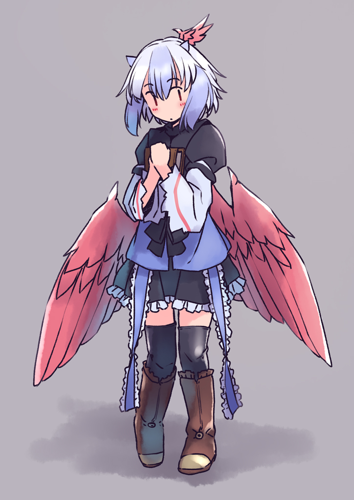 1girl bird_wings black_thighhighs blue_hair blush boots brown_footwear feathered_wings full_body grey_background horns knee_boots layered_sleeves long_sleeves multicolored_hair parted_lips rangycrow red_eyes red_wings short_hair short_over_long_sleeves short_sleeves simple_background solo thigh-highs tokiko_(touhou) touhou two-tone_hair white_hair wings