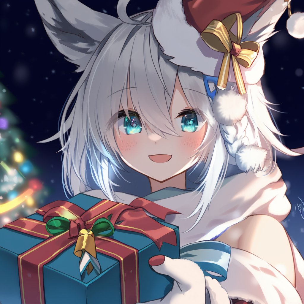 1girl ahoge animal_ear_fluff animal_ears bangs blurry blurry_background blush box braid christmas_tree commentary_request fang fox_ears fox_girl gift gift_box gloves green_eyes hair_between_eyes hat holding holding_gift hololive looking_at_viewer open_mouth outstretched_arms ran_1644 santa_hat scarf shirakami_fubuki sidelocks single_braid skin_fang solo virtual_youtuber white_gloves white_hair white_scarf